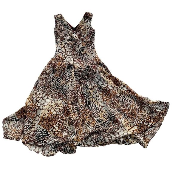 Boho Abstract Animal Print Dress Sz 12 Asymmetrical Handkerchief Hem V-Neck - Picture 2 of 12